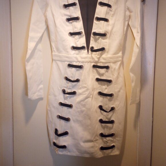 Bebe dress blk & wte long sleeve v sheer front laced mesh mini zip back S Nwt - Picture 2 of 9